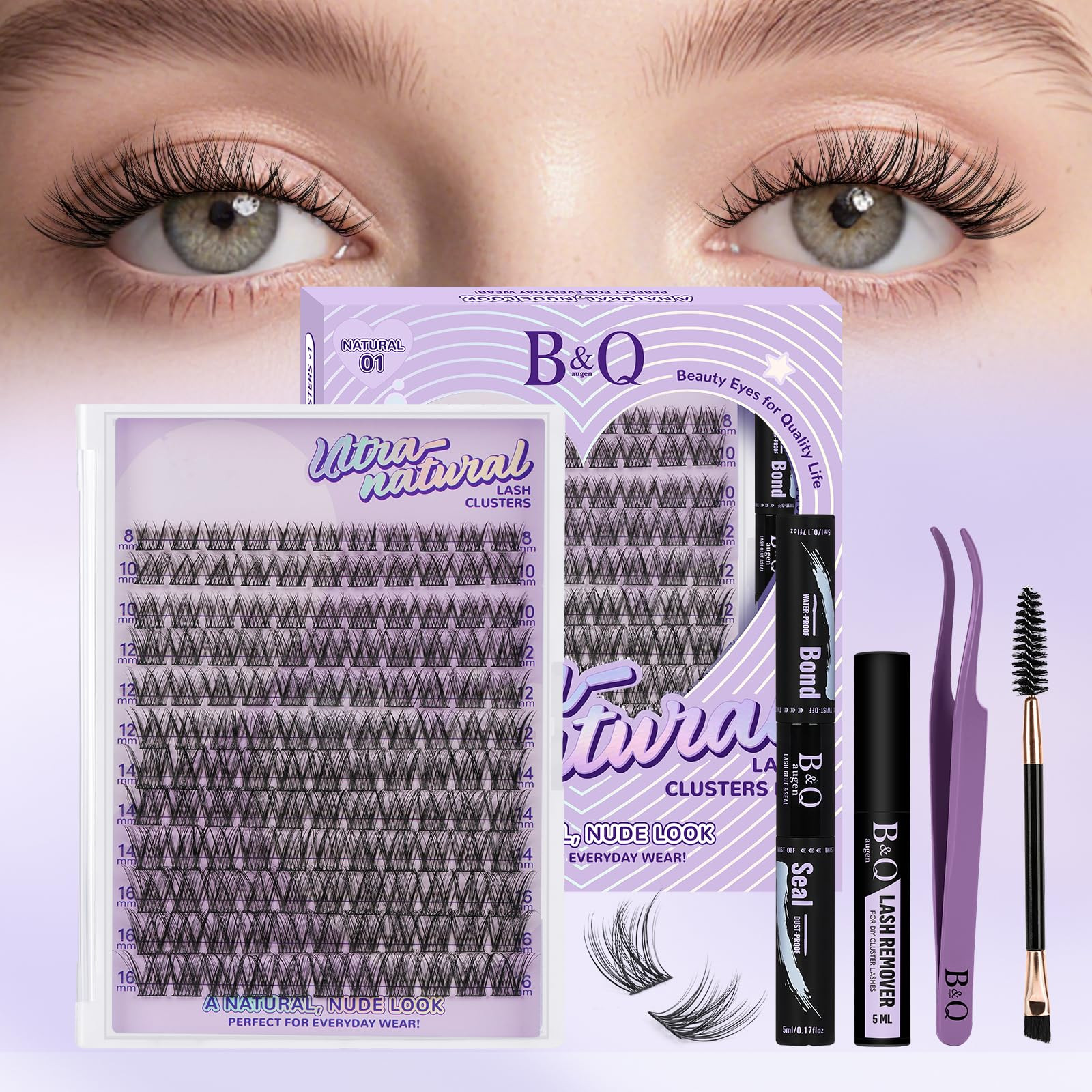 B&Q Wispy Lash Clusters Kit, Natural 01, Individual False Eyelashes Extension Set, Undetectable N... | Amazon (US)