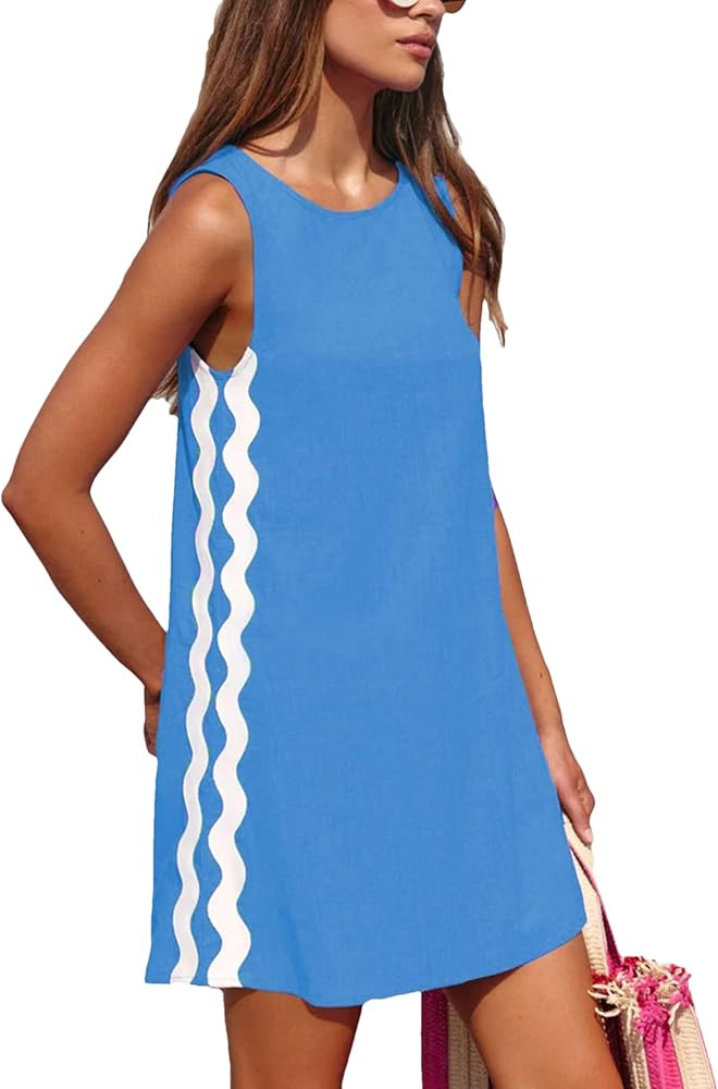 Summer Dresses for Women Sleeveless Short Beach Dress Casual Crewneck Bohemian Mini Sundress | Amazon (US)