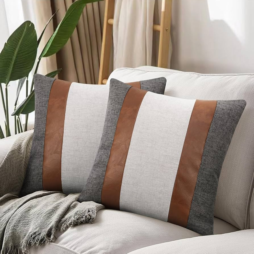 Merrycolor Faux Leather and Linen Throw Pillow Covers 18x18 Inch Patchwork Modern Farmhouse Pillo... | Amazon (US)