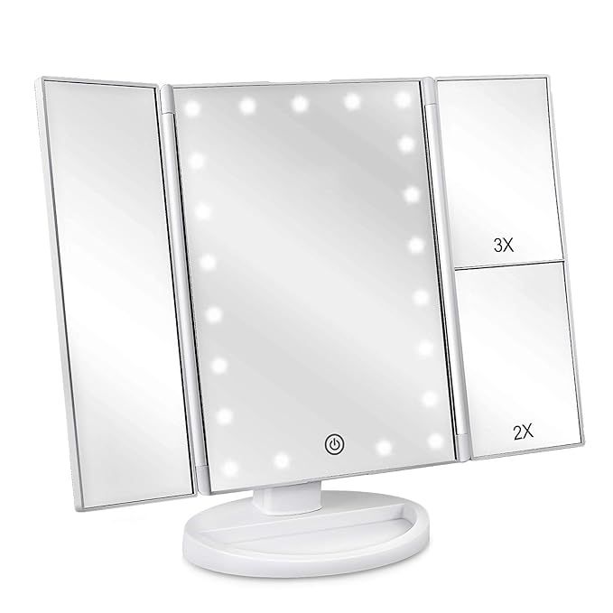 Amazon.com: deweisn Tri-Fold Lighted Vanity Mirror with 21 LED Lights, Touch Screen and 3X/2X/1X ... | Amazon (US)