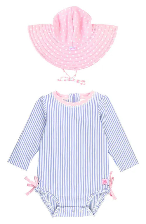 RuffleButts Seersucker One-Piece Rashguard Swimsuit & Hat Set in Bluednu at Nordstrom, Size 18-24M | Nordstrom