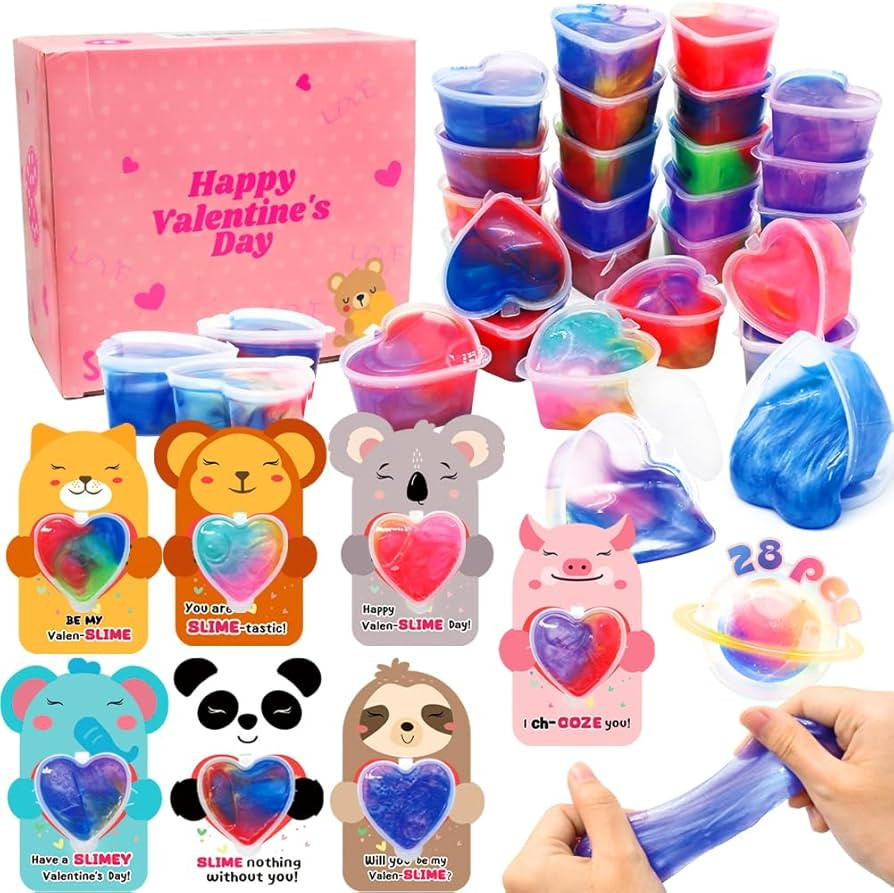 28Pcs Valentines Day Gift Cards with Colorful Slime Set, Cute Animals Cards Stress Relief Fidget ... | Amazon (US)