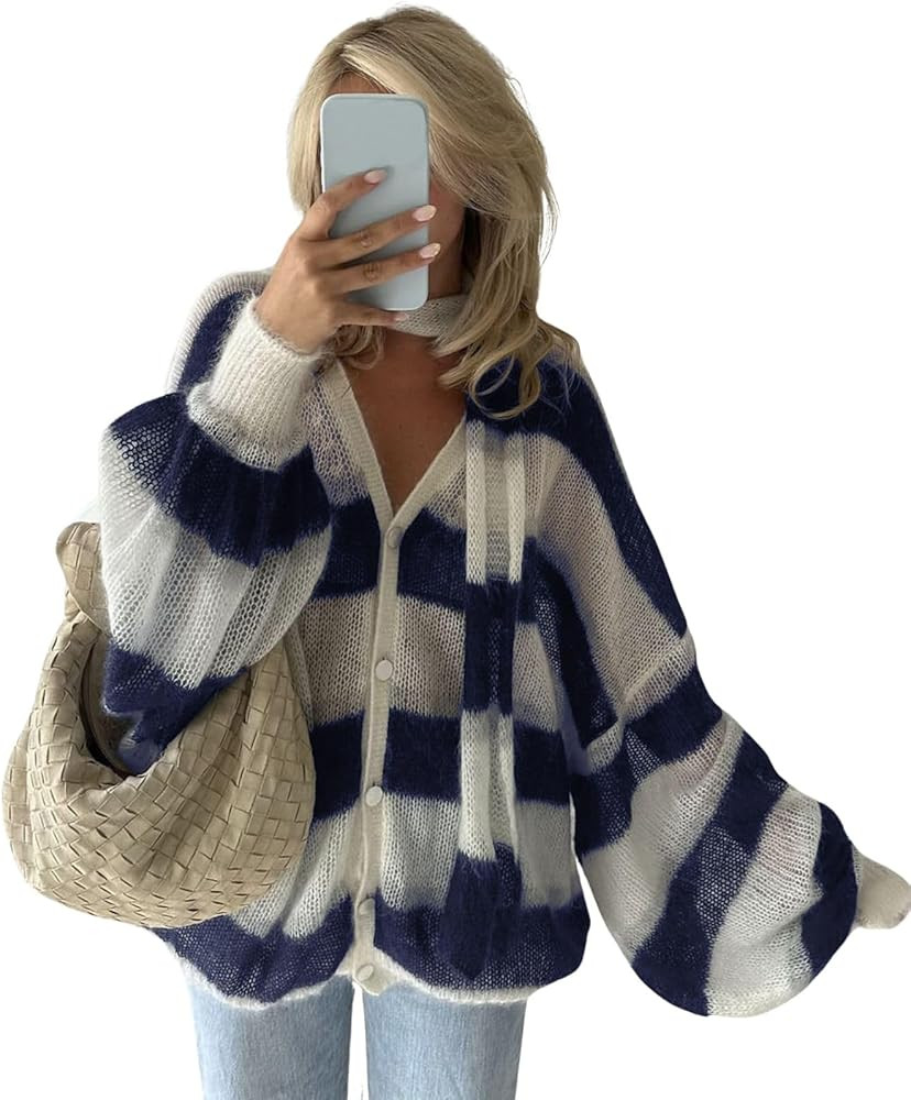 Women V Neck Striped Color Block Knit Cardigan Long Lantern Sleeve Oversized Button Down Sweater ... | Amazon (US)