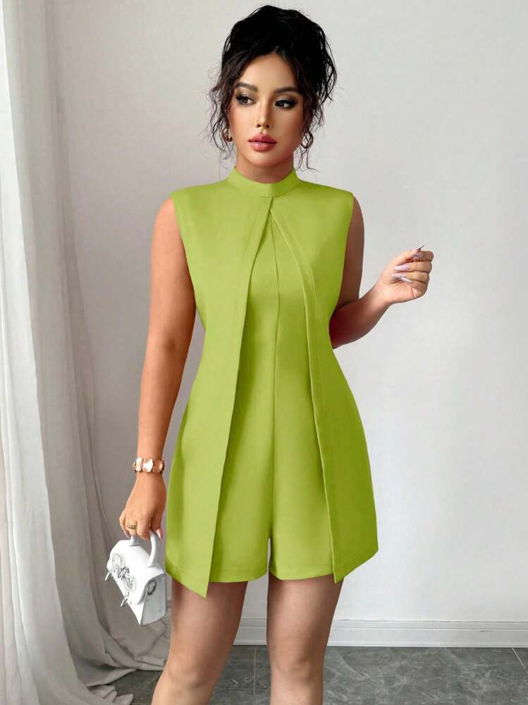 Elenzga Women Green Stand Collar Sleeveless Romper, For Summer | SHEIN
