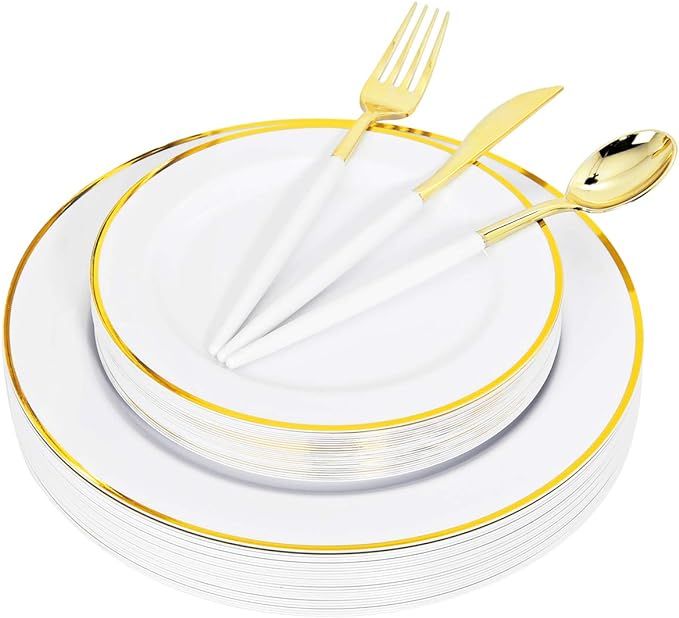 WELLIFE 120 PCS Gold Plastic Plates with Silverware, Disposable White Plate with Gold Rim, Gold C... | Amazon (US)
