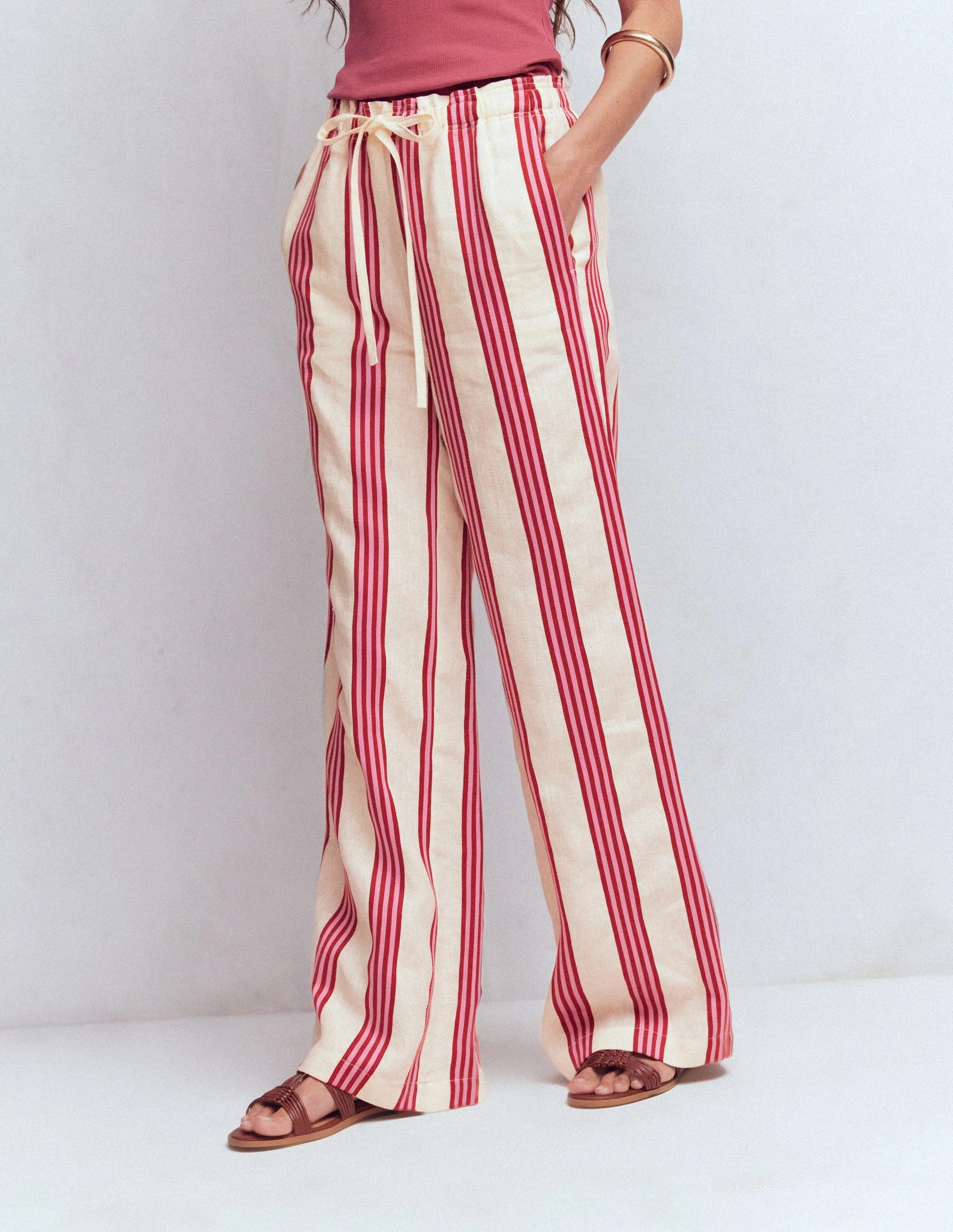 Islington Linen Trousers-Ivory, Brown & Pink Stripe | Boden UK