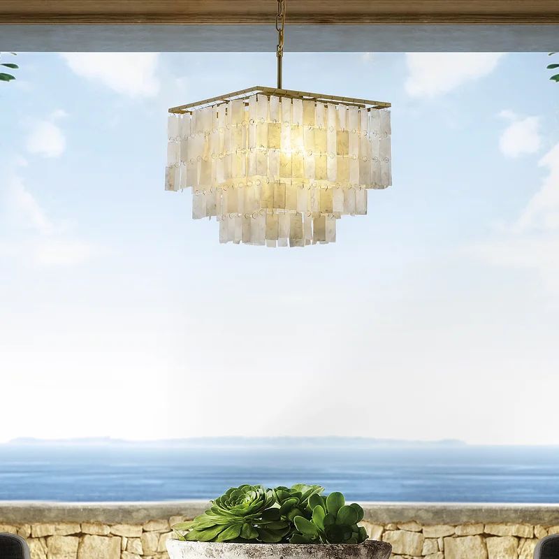 3-light Square Capiz Natural Seashells Chandelier With Antique Brass Frame | Wayfair North America