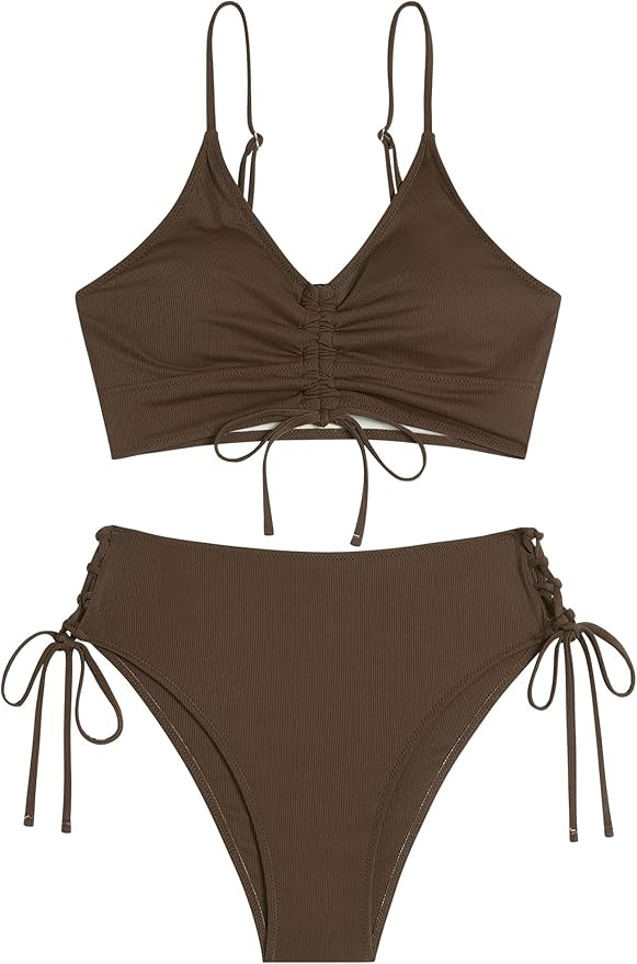 ZAFUL Women V Neck Bikini Set Ruched Tie Front High Waisted Floral Print Ribbed 2 Piece Bathing S... | Amazon (US)