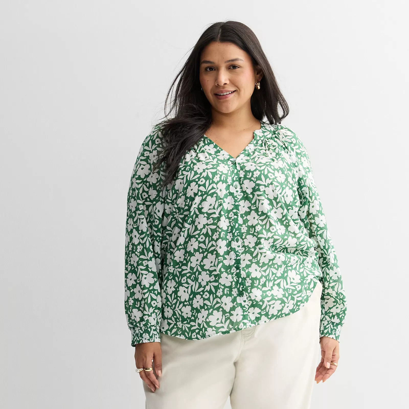 Plus Size Sonoma Goods For Life® V-Neck Button Front Long sleeve Top | Kohl's