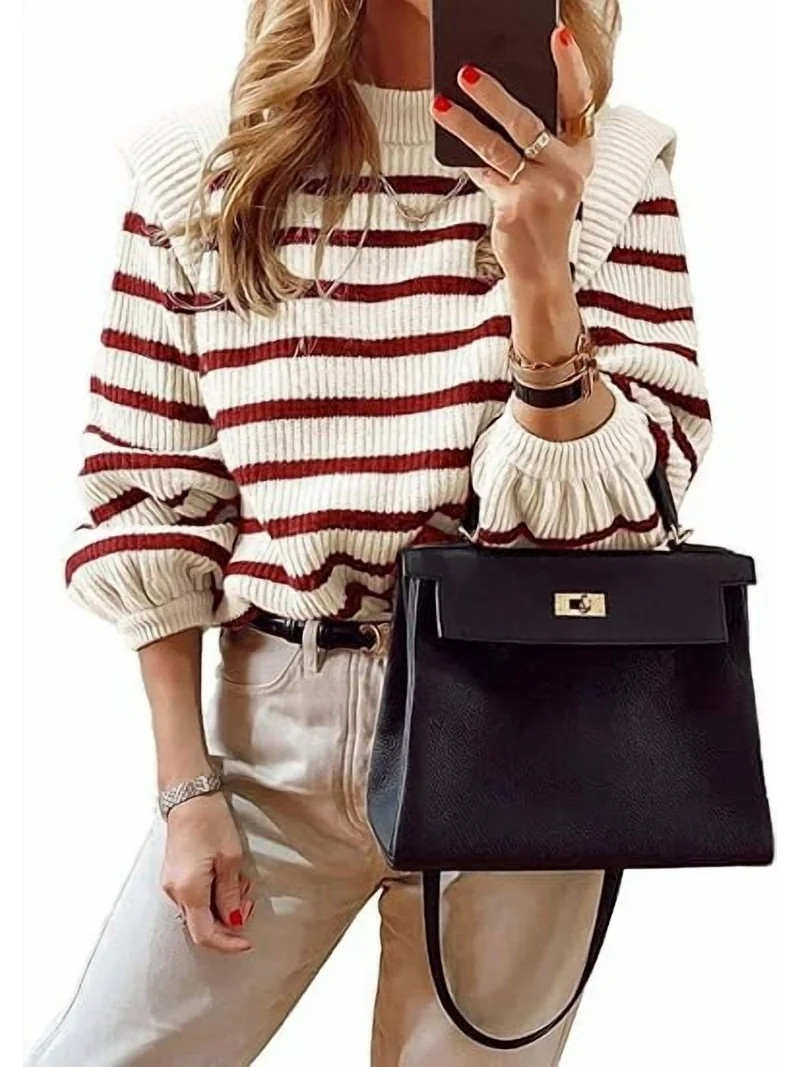 PRETTYGARDEN Fall Sweaters for Women Long Sleeve Crewneck Blouses Dressy Casual Ribbed Striped Kn... | Walmart (US)