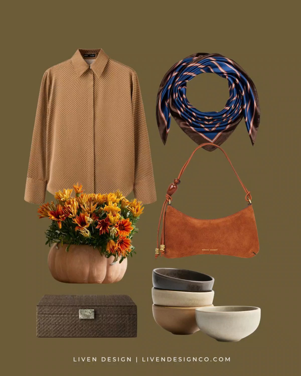 New discoveries. Style inspiration. Polka dot stain shirt. Mango. Silk bandana. Pumpkin terracotta planter. Stoneware bowls. H&M. Suede cognac handbag. Target home. Decorative box. Woven box. Coffee table decor. Living room 

#LTKSeasonal #LTKHome #LTKSaleAlert