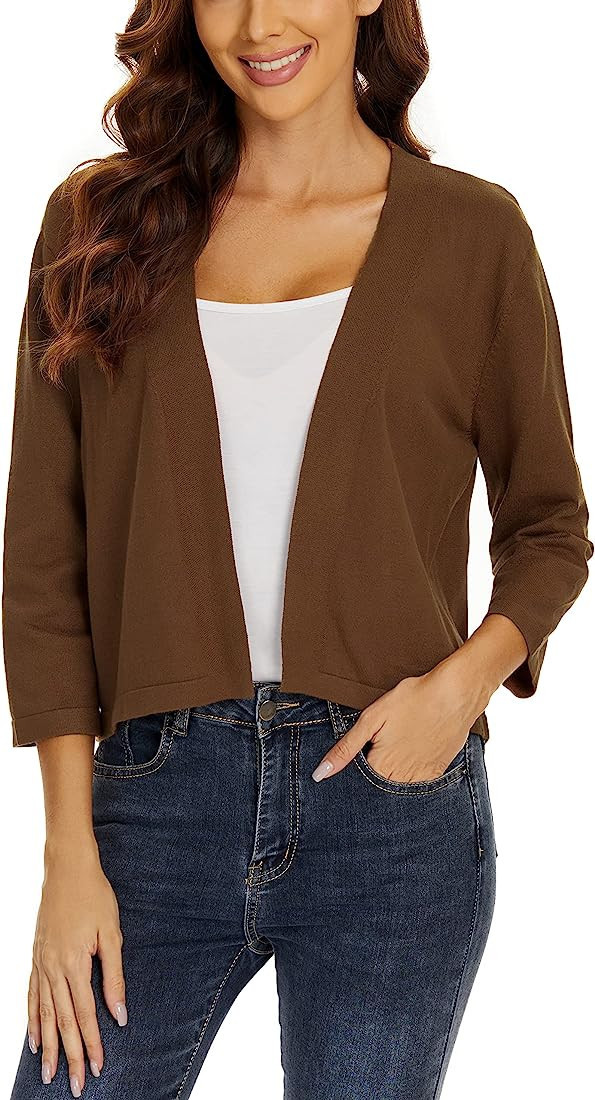 Satuun Women's 3/4 Sleeve Shrugs Lightweight Open Front Cropped Cardigan for Women | Amazon (US)