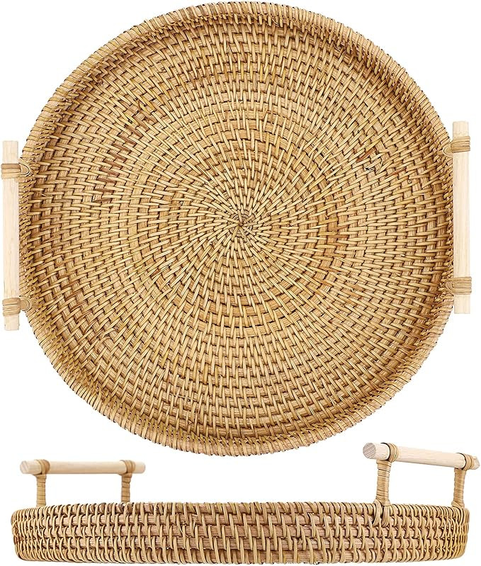 Hipiwe Round Rattan Serving Tray with Handles Wicker Tray Coffee Table Decorative Tray Hand Woven... | Amazon (US)