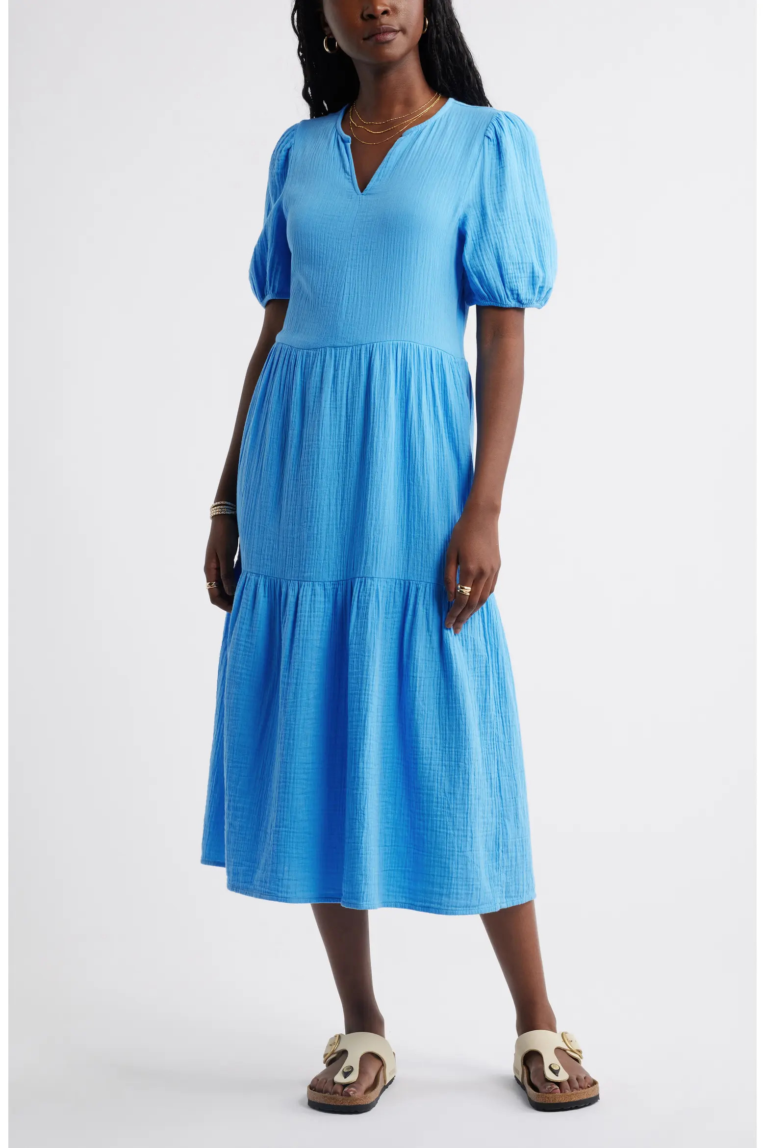 Puff Sleeve Tiered Cotton Gauze Midi Dress (Women) | Nordstrom | Nordstrom