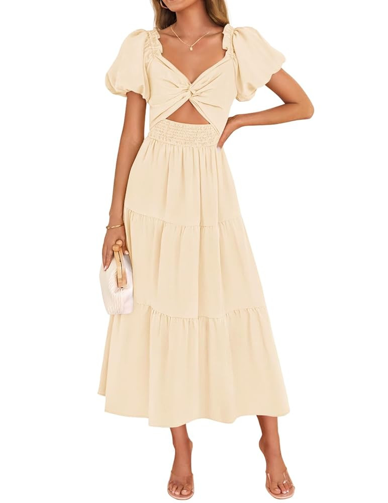 ZESICA Womens Summer 2025 Boho Vacation Dress Short Puff Sleeve Flowy Smocked Cutout A Line Beach... | Amazon (US)