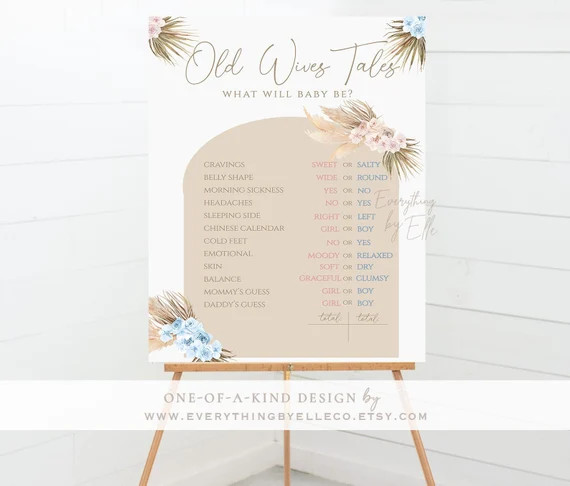 Boho Gender Reveal Printable Sign, 16x20 Old Wives Tales Bohemian Boy or Girl Pampas Grass Dried ... | Etsy (US)