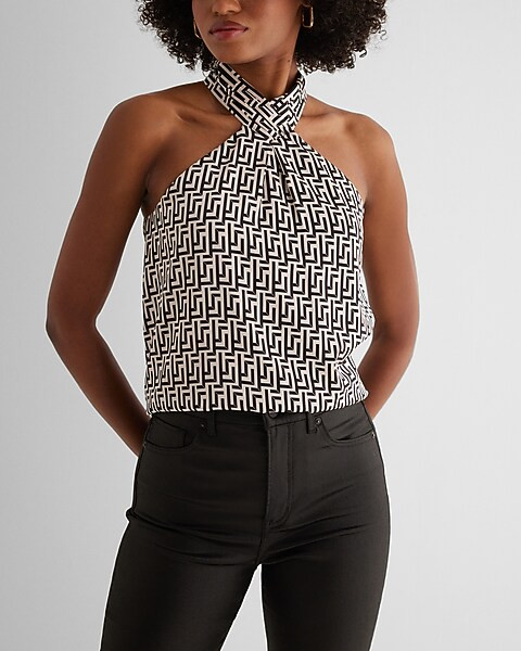 Satin Printed Gathered Halter Neck Tank | Express