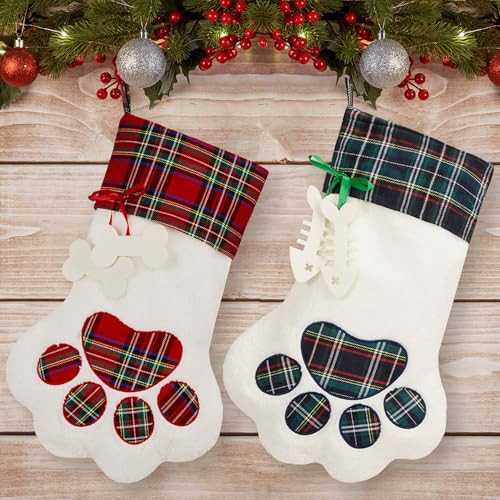 Relosy Christmas Stockings - Dog Cat Paw Stocking,Plush & Plaid Hanging Pet Stocking,Gifts & Decorations for Fireplace Holiday Party Christmas | Amazon (US)