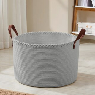 Extra Large Round Cotton Rope Storage Basket Laundry Hamper with Leather Handles | Kroger