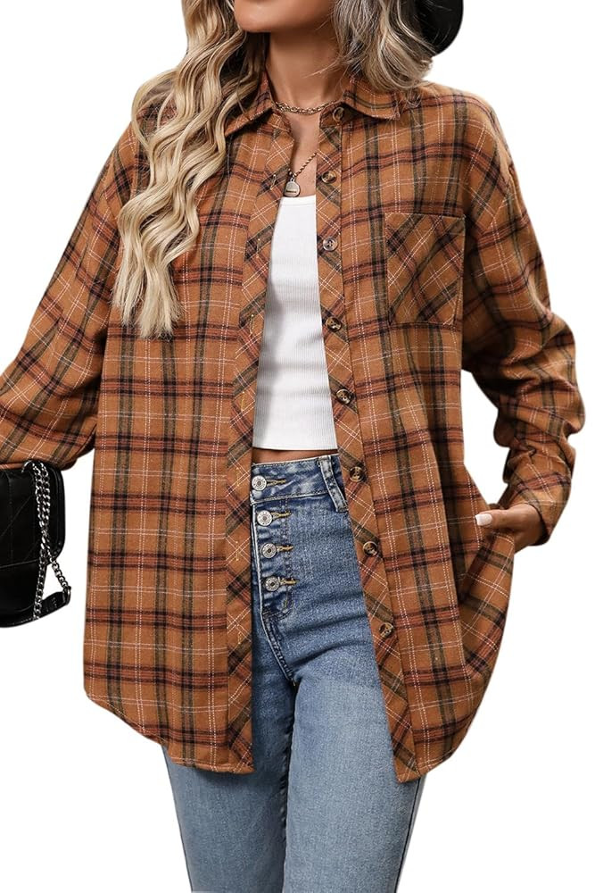 CHYRII Womens Oversized Flannel Shirts Button Down Long Sleeve Plaid Shirt Business Casual Blouse... | Amazon (US)