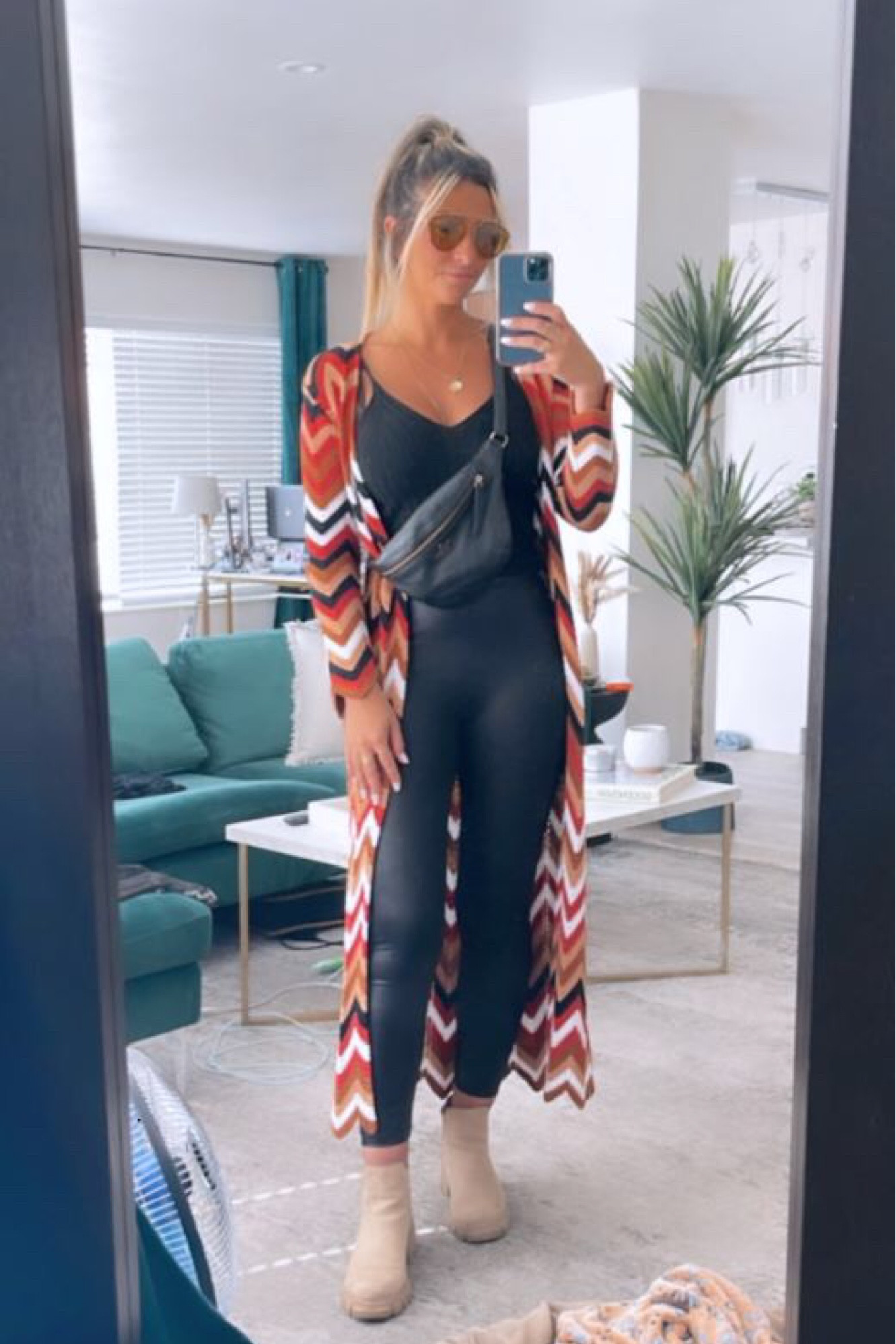 Casual look. Inspiration outfit. Black top. Black basic. Geometric cardigan. Black pants. Leather pants. Black bag. Neutral shoes. Sunglasses. #fashioninspiration #stylingideas
#longcardigan #beltbag #chunkyboots #diorsunglasses #liquidleggings 
#LTKStyletip #LTKFashion #LTKFit

#LTKbeauty #LTKstyletip #LTKfit