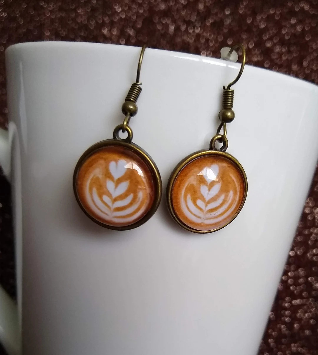 Coffee Cream Art Latte Small Dangle Glass Earrings Coffee Themed Jewelry Latte Rosetta Art Coffee... | Etsy (US)