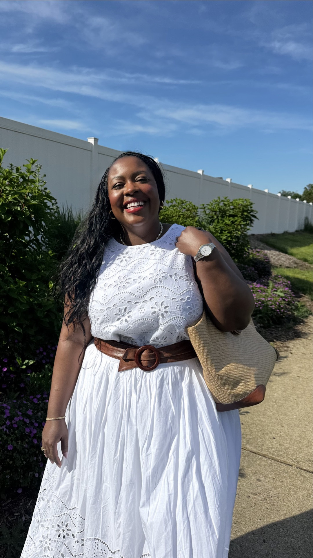 summer whites are officially back! 

wearing the prettiest eyelet midi skirt set from Macys with woven accessories and neutral sandals for an easy soft summer look! 

Top 2X - I sized up but, could’ve have gone true to size. Skirt 2X. 

Don’t miss out on these sandals from Sazane. They are so comfortable and the color is the perfect for all your summer outfits. 

#over40style

#LTKPlusSize #LTKTravel
