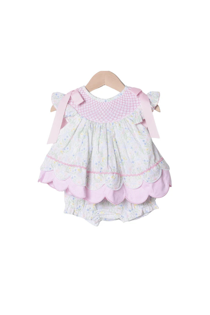 Smocked Sweet Bunny Floral Scalloped Bishop Bloomer Set | The Smocked Flamingo