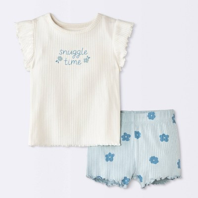 Baby Girls' 2pc Snuggle Time Floral Ruffle Sleeve T-Shirt and Bike Shorts Set - Cloud Island™ Cream/Blue Newborn | Target