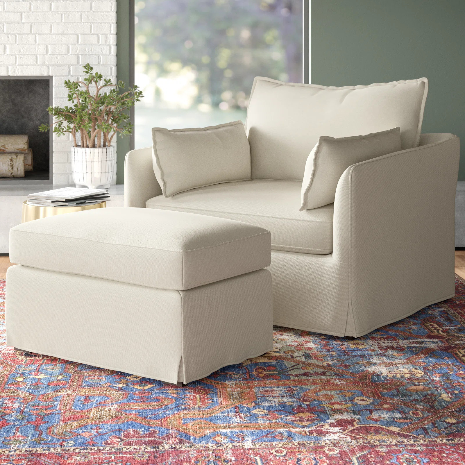 Cario 45"W Farmhouse Oversized Slipcovered Armchair with Casters and Ottoman | Wayfair North America