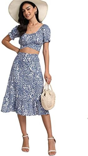 LYANER Women's 2 Piece Outfits Floral Self Tie Knot Crop Top and Midi Skirt Set | Amazon (US)