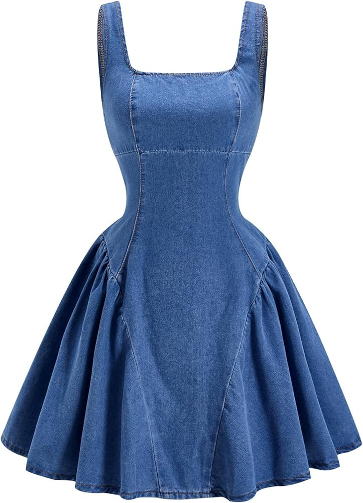Women's Summer Denim Mini Dress Y2k Square Neck A Line Flowy Going Out Party Dresses | Amazon (US)