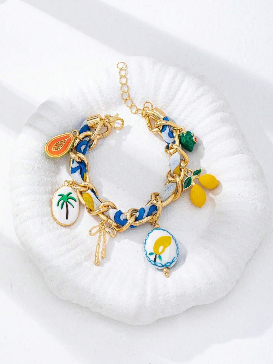 1pc Handmade Woven Fruit Pendant Bracelet For Women - Includes Lemon, Palm Tree, Bow Pendant - Bo... | SHEIN