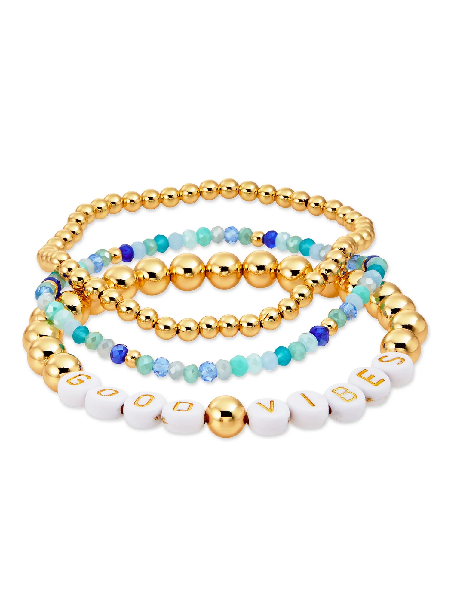Scoop 14K Gold Flash-Plated Multi-Color "Good Vibes" Bead Bracelet, 3-Piece Set - Walmart.com | Walmart (US)