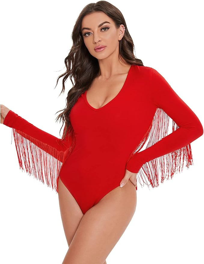 Verdusa Women's Fringe Trim V Neck Long Sleeve Bodysuit Top | Amazon (US)