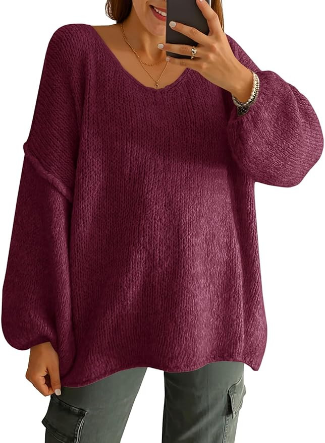 Saodimallsu Womens Oversized V Neck Sweaters Chunky Knit Lantern Long Sleeve Fall Winter Slouchy ... | Amazon (US)
