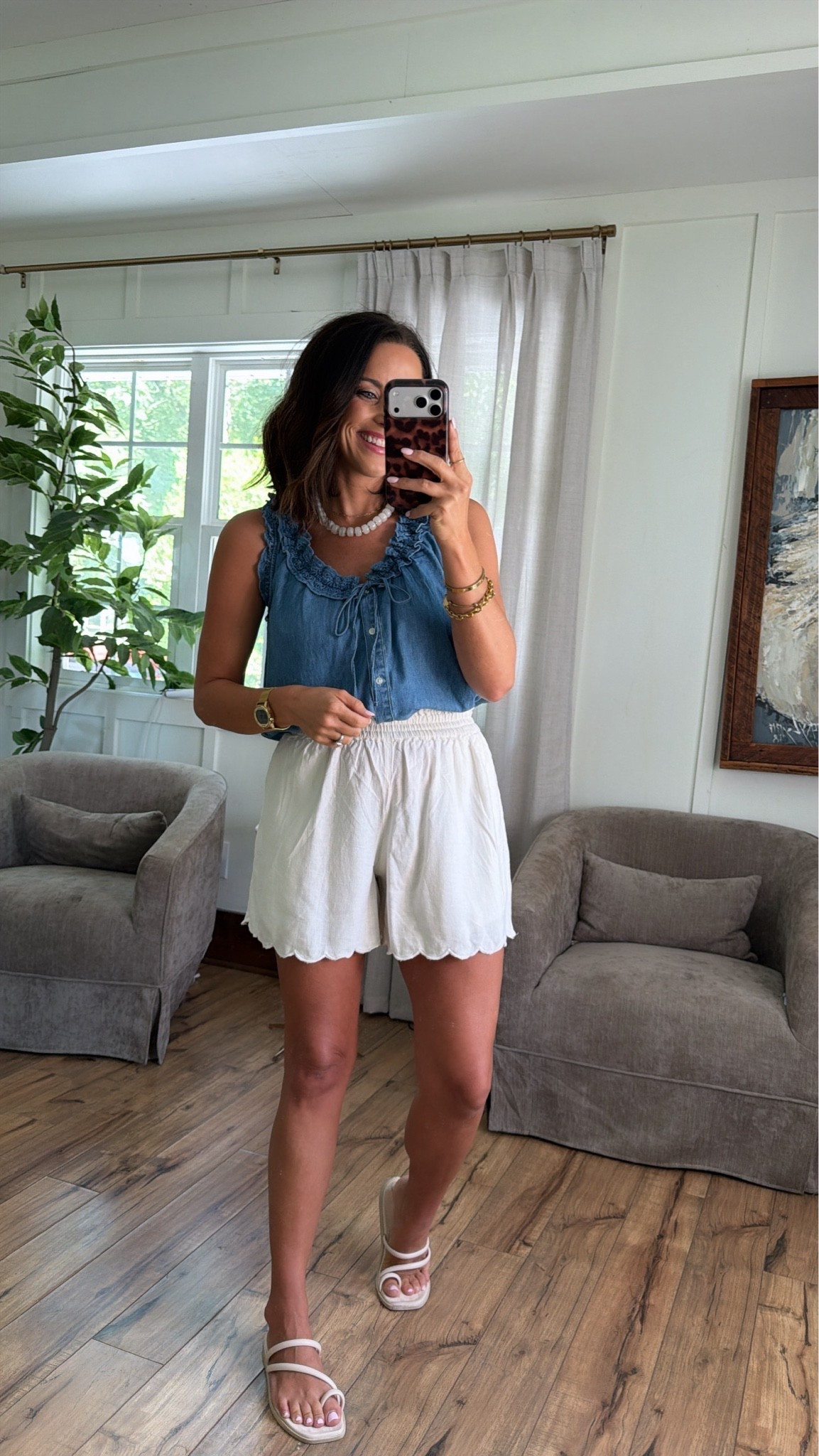 This Walmart outfit is such a cute throw-on-and-go summer look — love the denim top with the little white shorts. Wearing size XS. #walmartfinds #walmartfashion #ltkfinds #summeroutfit #affordablefashion #walmartstyle #summerstyle