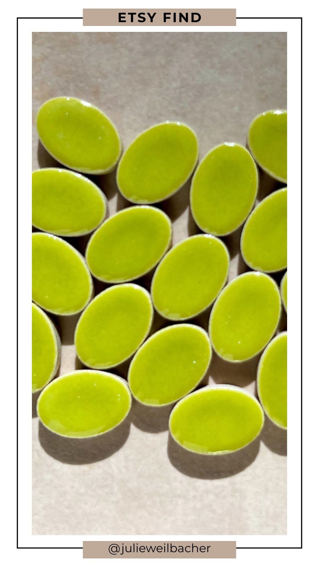 Heads up, color lovers! 🌿💚 These oval glazed ceramic mosaic tiles bring a playful, eye-catching shape and vibrant hues to your creative projects. Perfect for mosaics, mixed-media art, decorative accents, backsplashes, stepping stones, planters, or DIY home decor...the oval shape adds unexpected rhythm and visual interest. The lime green is especially fresh and bright, but other colors are available too if you want to mix & match for dynamic palettes.

For mosaic tips, tutorials, inspiration, and so much more please visit my YouTube channel: YouTube.com/julieweilbacher. Follow @julieweilbacher on Instagram for all things mosaic art.

#ceramictile #mosaic #oval #etsy #mixedmediaart #craftsupplies #backsplash #colorpop #interiordecor #gardenart #diydecor

#LTKFindsUnder50 #LTKHome