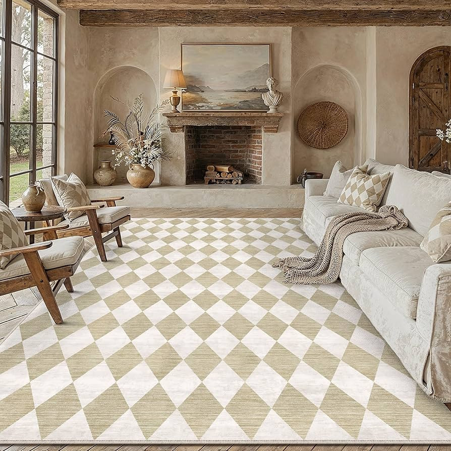 8x10 Checkered Beige Area Rug for Living Room Bedroom Washable Soft Modern Non Slip Large Throw R... | Amazon (US)