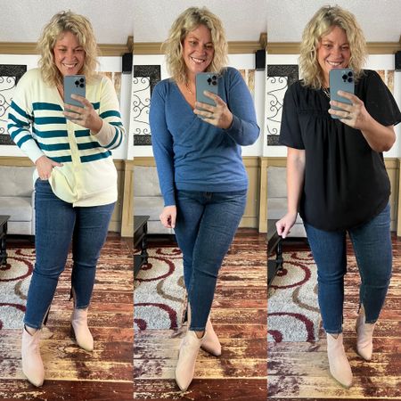 Bloomchic fall Fashion- Size 12 in tops and 16 in the jeans
Code 👩‍💻 NICOLES15 at checkout 
Striped cardigan, flutter sleeve blouse ,wrap knit top, side slit stretch jeans 

#LTKplussize #LTKfindsunder50 #LTKmidsize
