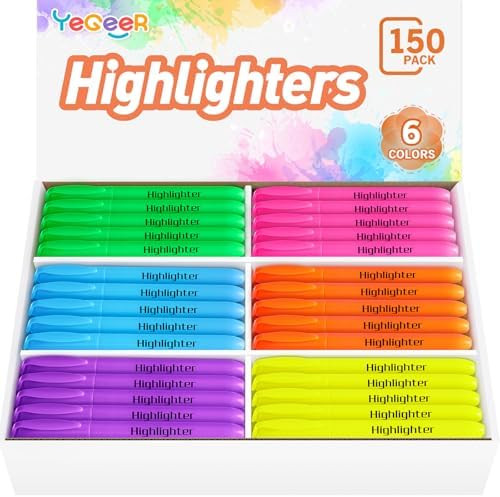 Highlighters, Chisel Tip Dry-Quickly Highlighter Markers, 150 Count-6 Assorted Colors Highlighter... | Amazon (US)