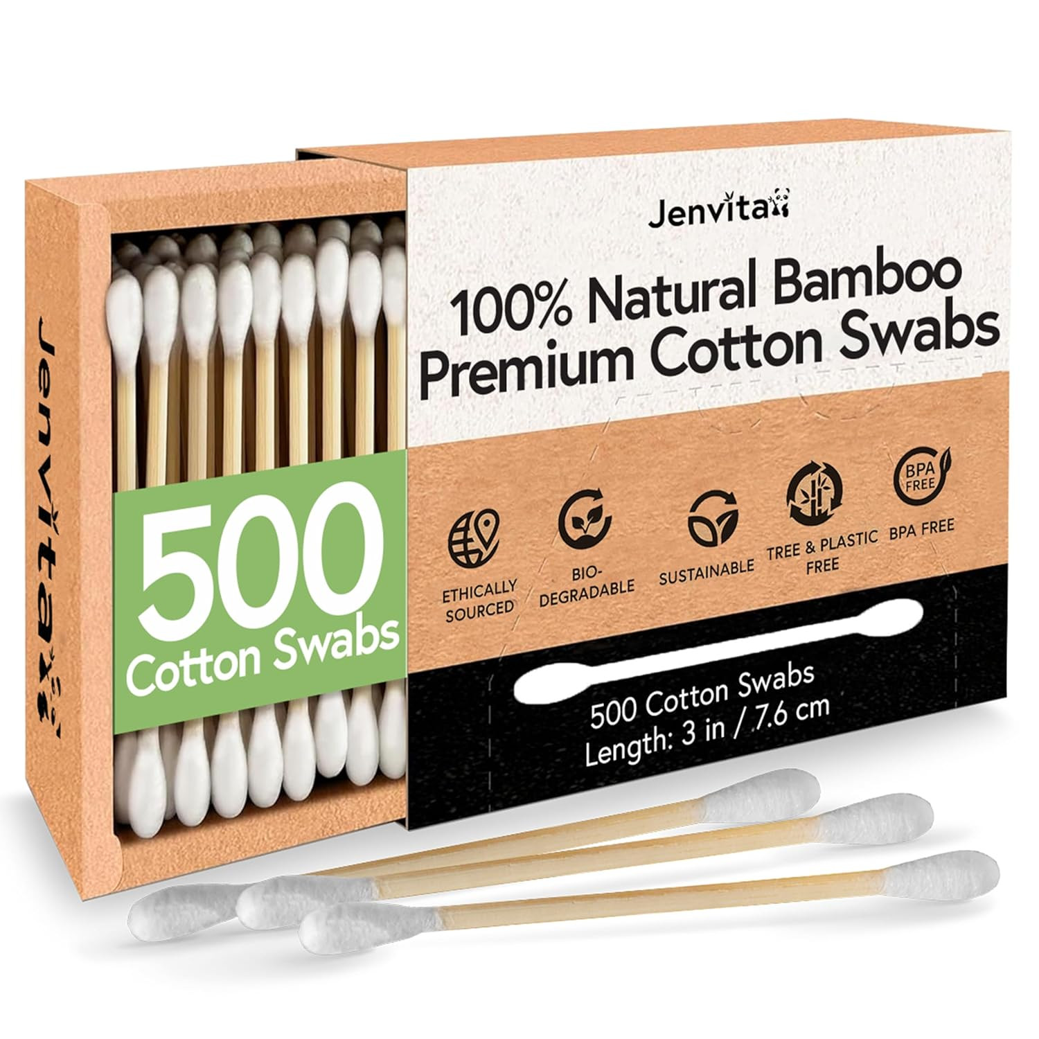 Jenvita 100% Bamboo Cotton Swabs for Ears, 500 Pack, Double-Tipped | Amazon (US)