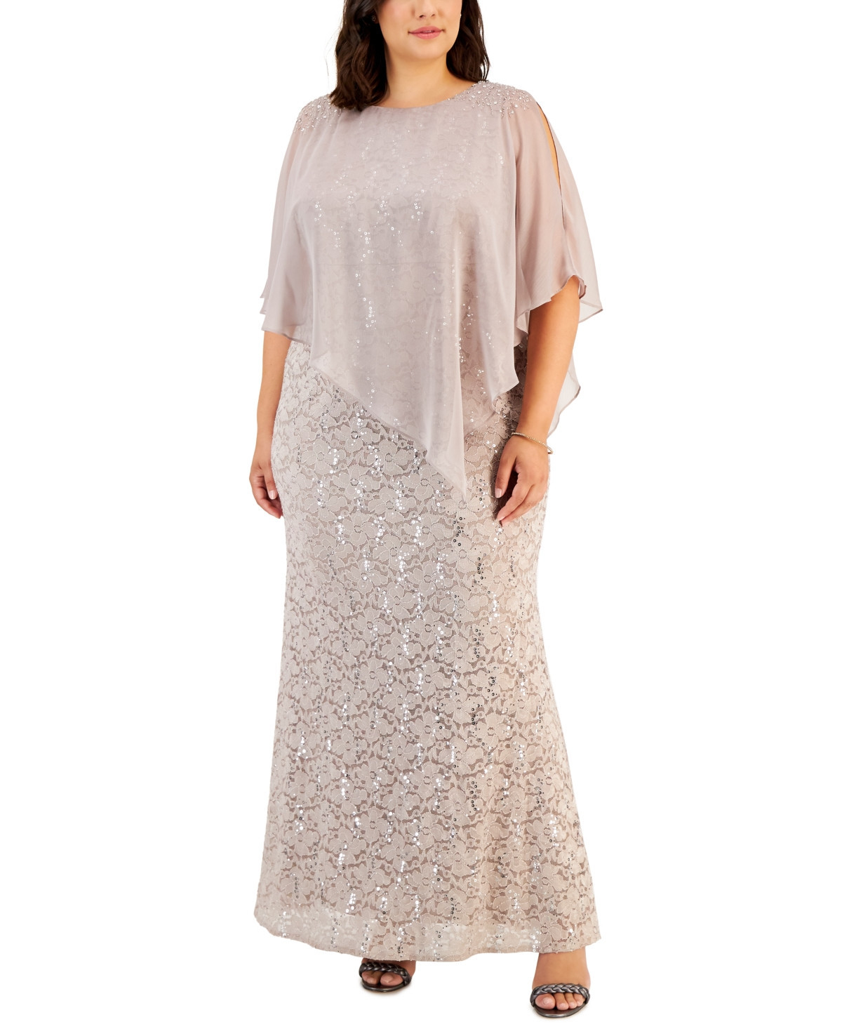 Sl Fashions Plus Size Beaded Popover Gown - Buff | Macy's