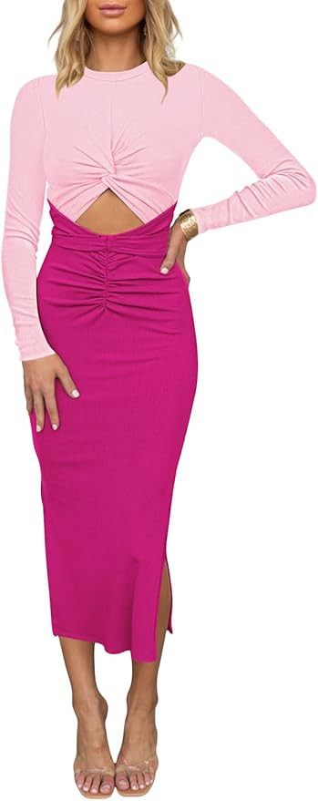 TOLENY Summer Sleeveless Cutout Dresses for Women Twisted Knot Ruched Side Slit Ribbed Bodycon Dr... | Amazon (US)