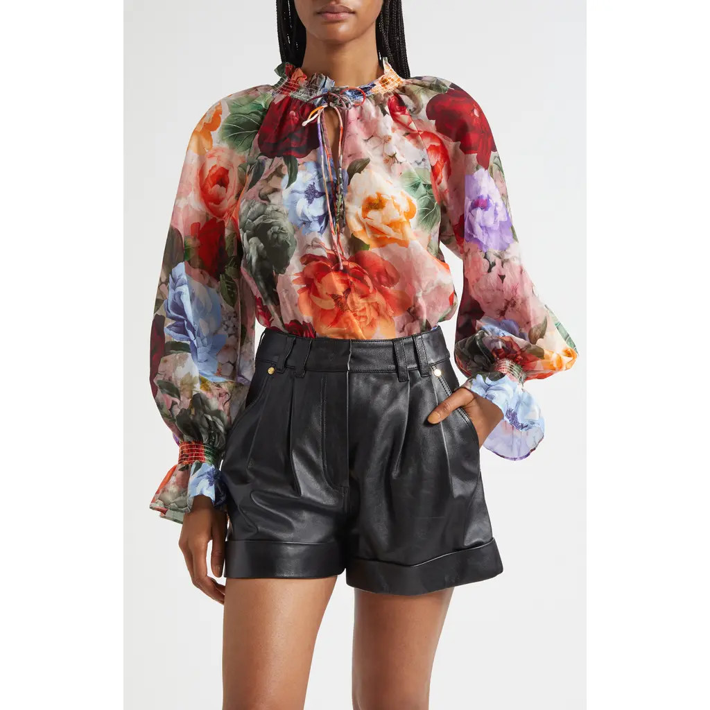 Alice + Olivia Norah Ruffle Cotton & Silk Peasant Top in Storm Floral at Nordstrom Rack, Size Large | Nordstrom Rack
