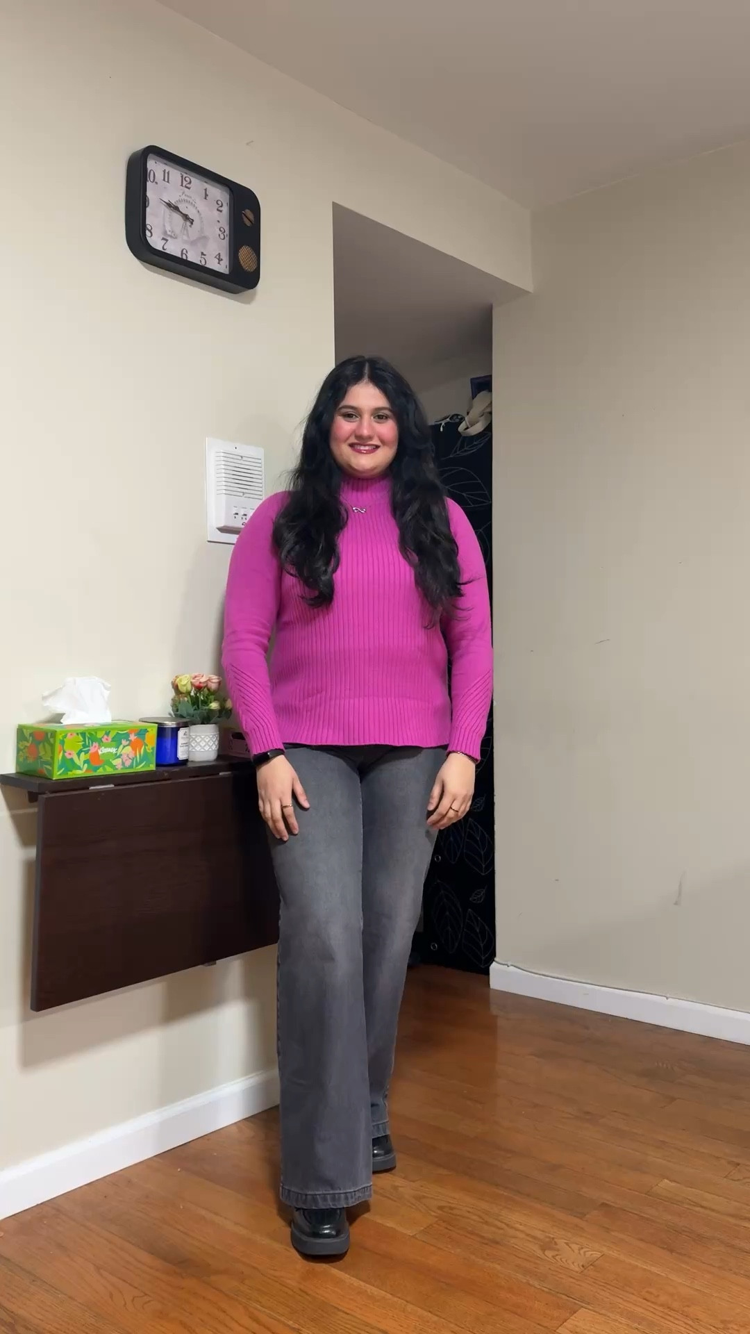 Magenta mock neck sweater and grey bootcut jeans with black loafers 

#LTKootd #LTKWorkwear #LTKSeasonal