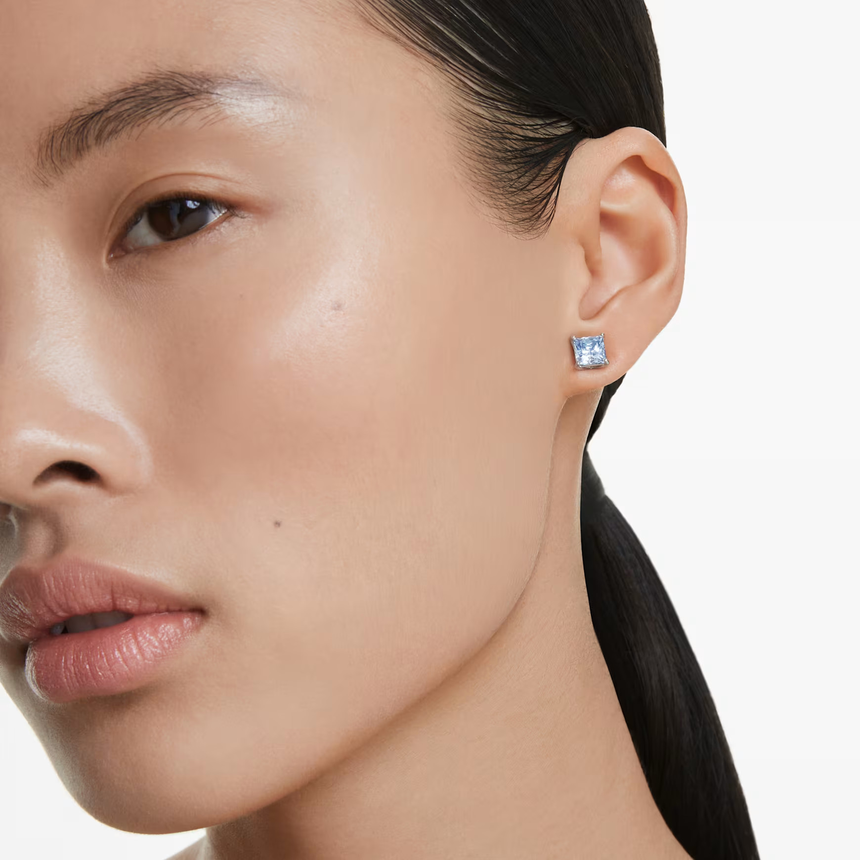 Matrix stud earrings, Square cut, Blue, Rhodium plated by SWAROVSKI | SWAROVSKI