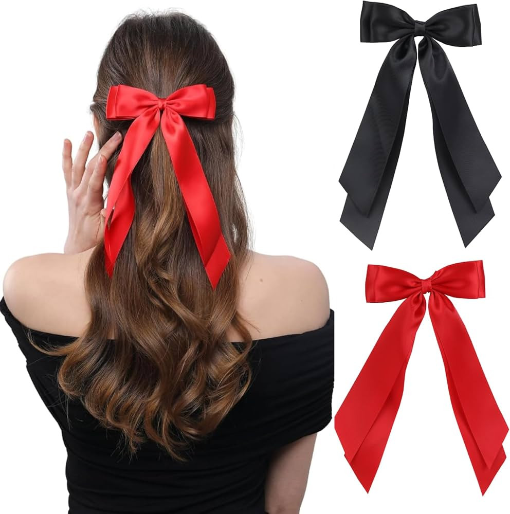 LuSeren 2 PCS Double Layer Hair Bows Red and Black Hair Ribbon Clips Ponytail Holder Accessories ... | Amazon (US)