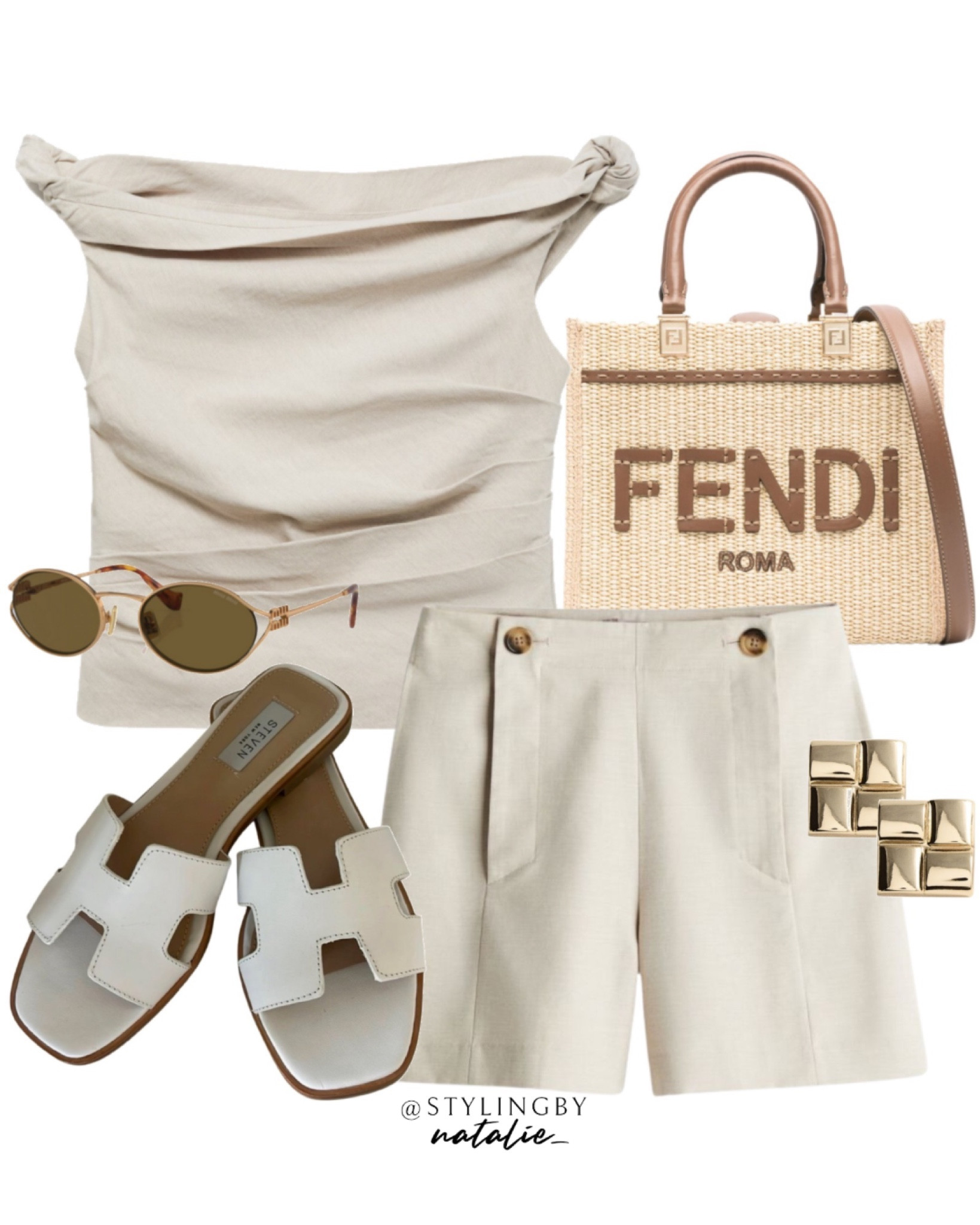 Asymmetrical draped top, button detail shorts, fendi tote shopper bag, Miu Miu sunglasses, Steve Madden slides/sandals & gold geometric earrings. Summer outfit, neutral outfit, casual chic, over 30s style.

#LTKbag #LTKeurope #LTKstyletip