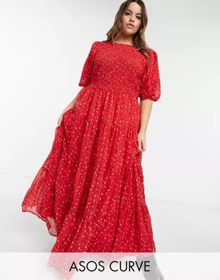 ASOS DESIGN Curve shirred tiered maxi dress in red print | ASOS (Global)